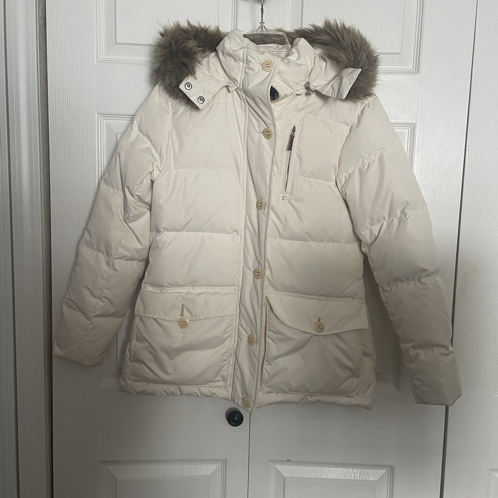 L-RL Ralph Lauren Puffer Jacket Women‎ M Beige Faux Fur Hood Y2K Full Zip Coat